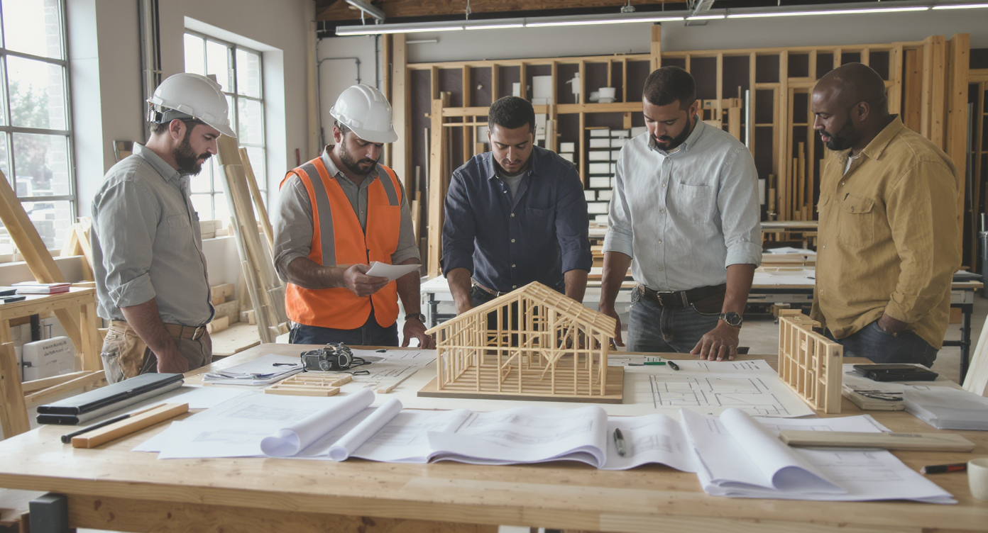 Architects and builders consulting over blueprints in a workshop setting focused on post-frame construction.