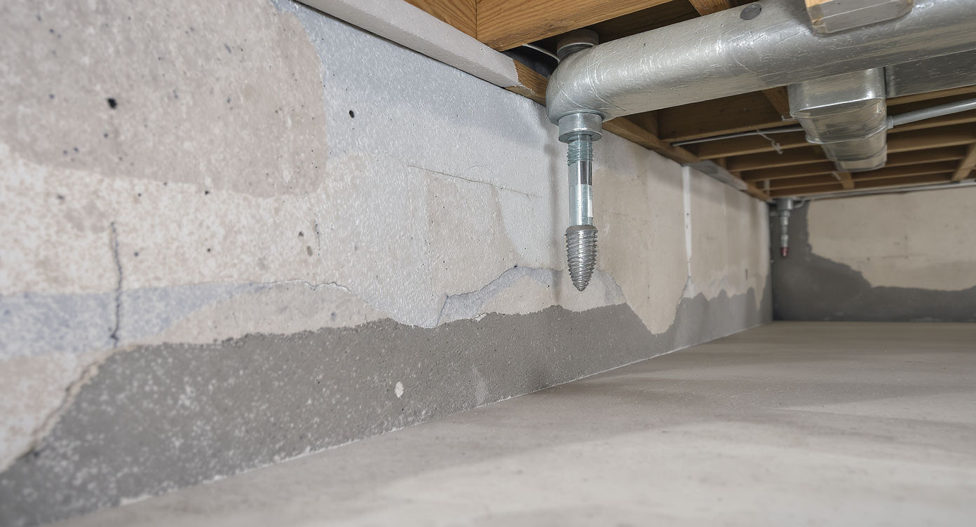 Close-up view of securely mounted wall anchors in a concrete basement wall, emphasizing structural integrity.