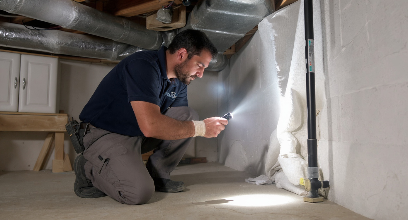 Home inspector examining wall anchors in a well-lit basement, showcasing care and diligence in house evaluation.