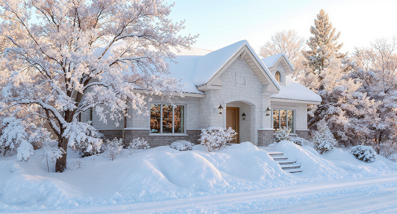 A newly built home surrounded by a winter landscape with snow and trees.