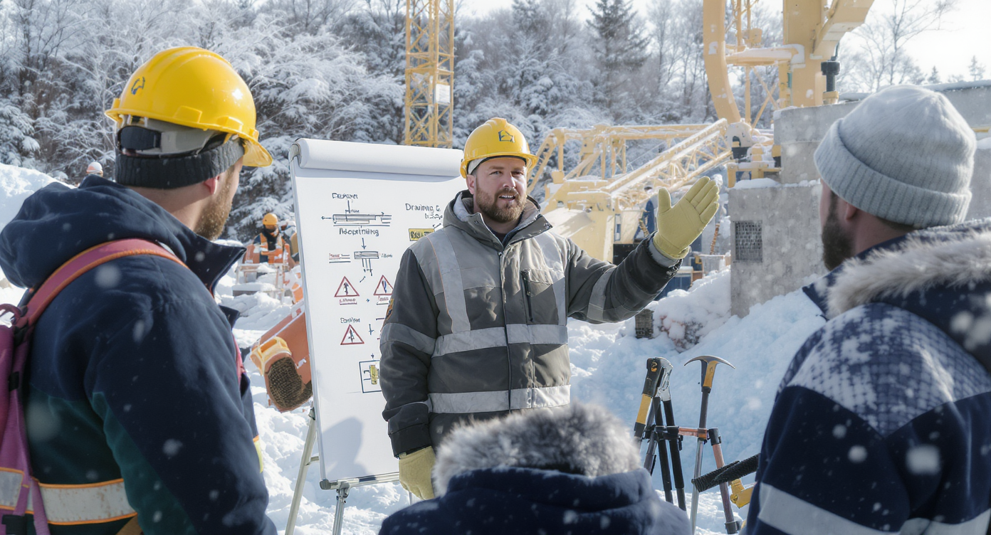 A construction expert discussing snow management tips with workers on-site.