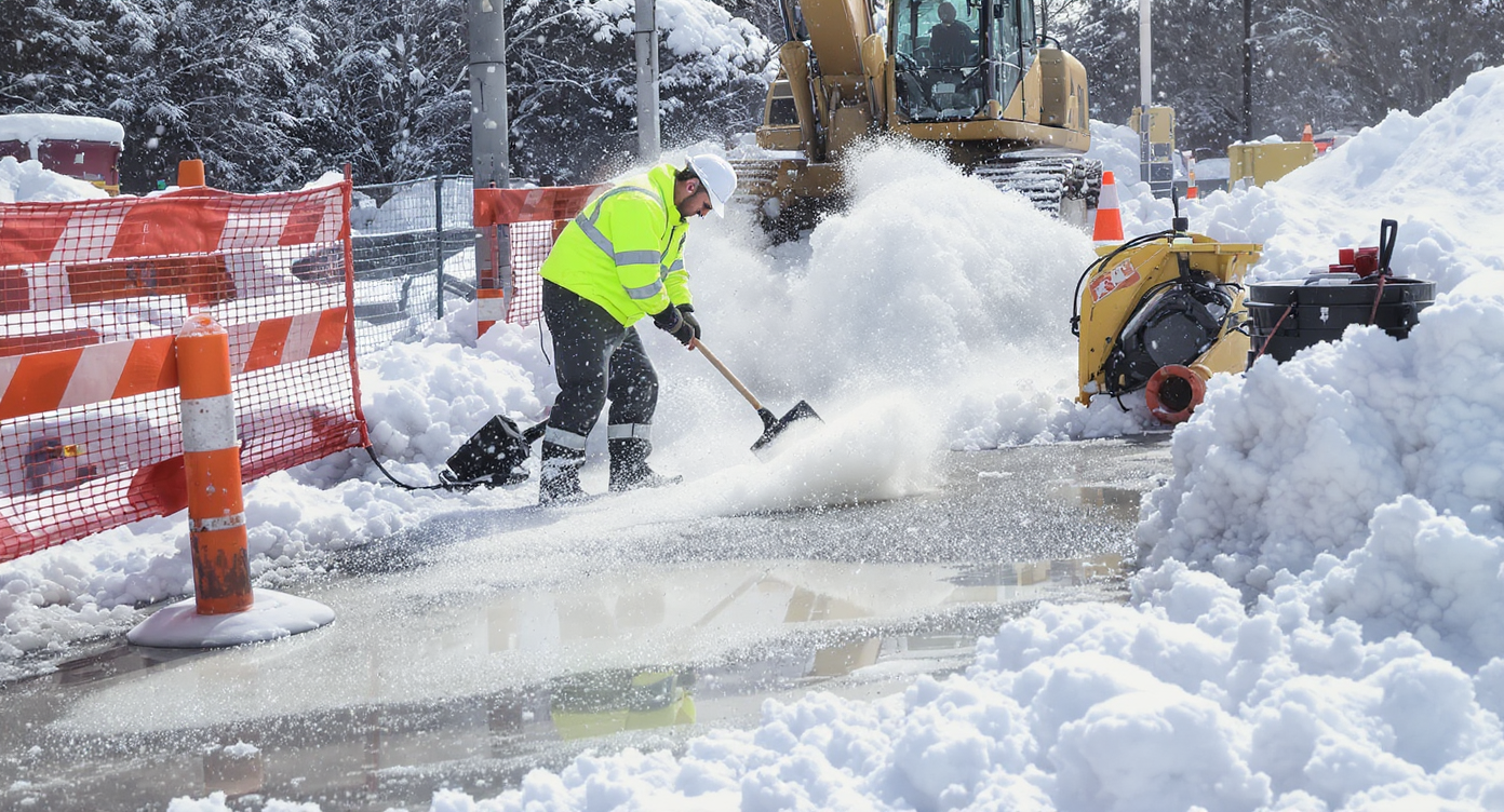 A construction worker managing snow melt on-site with tools and machinery present.