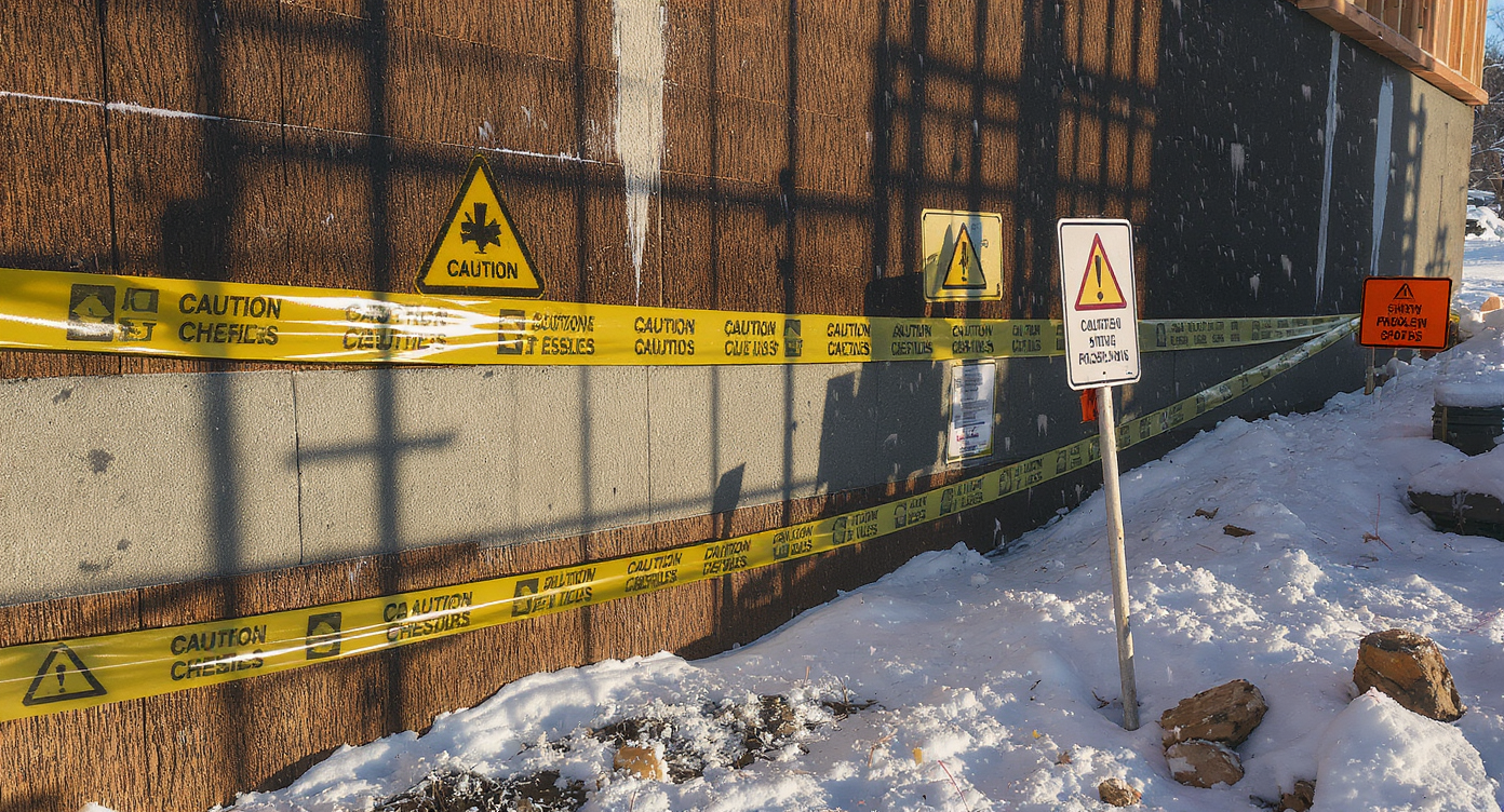 Highlighted common mistakes on a construction site with unmonitored snow accumulation.