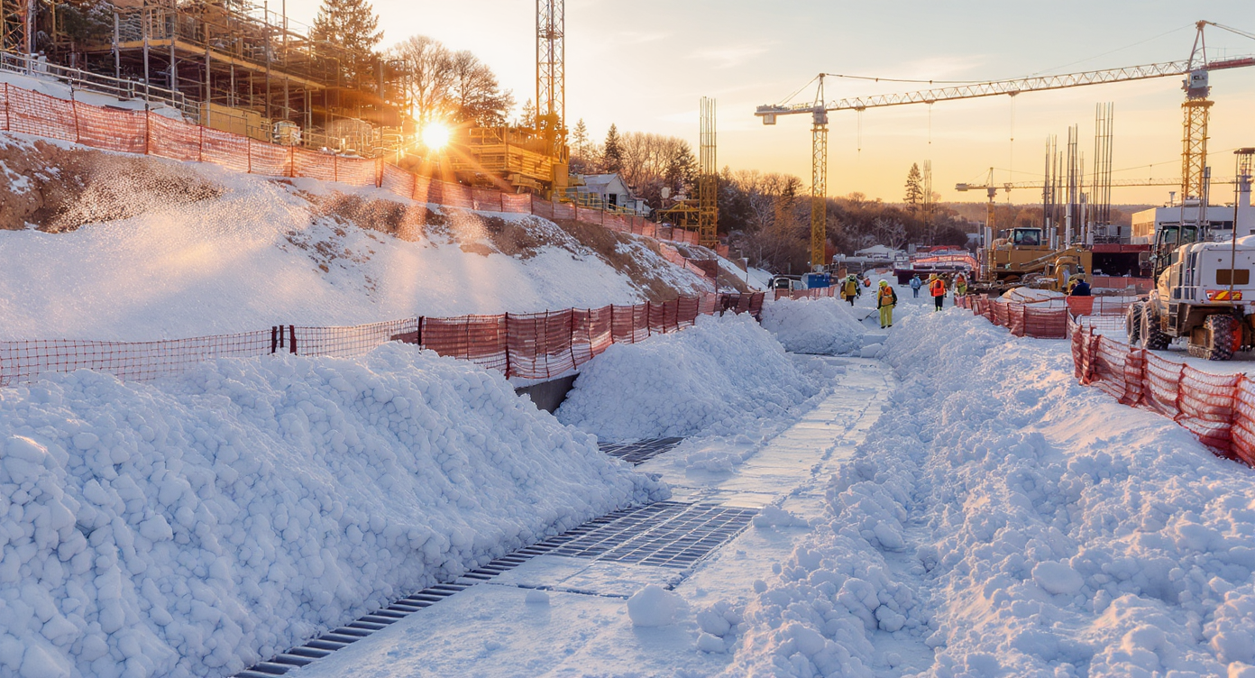 A successful construction site demonstrating effective snow management after a snowfall.