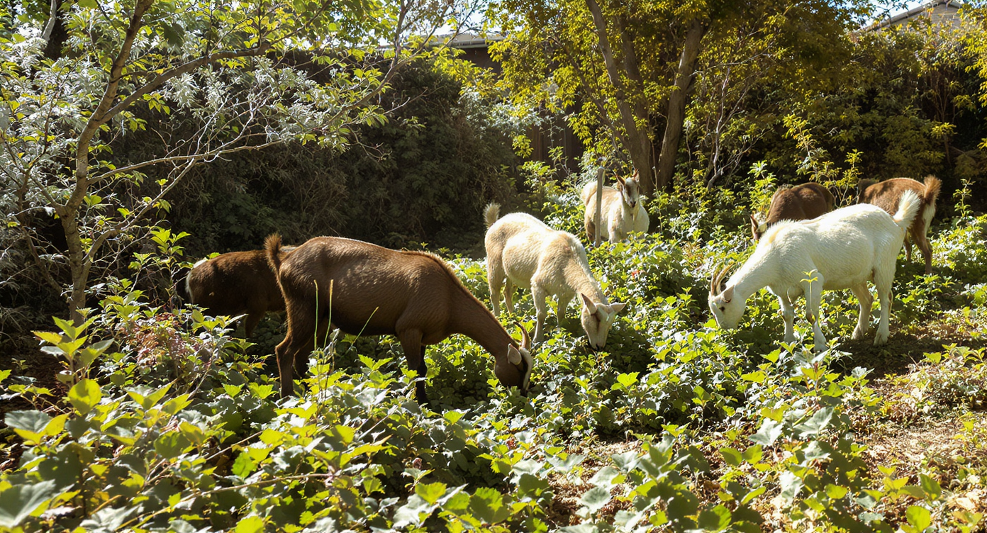 A group of goats grazing in overgrown vegetation, illustrating their role as natural landscapers in outdoor spaces.