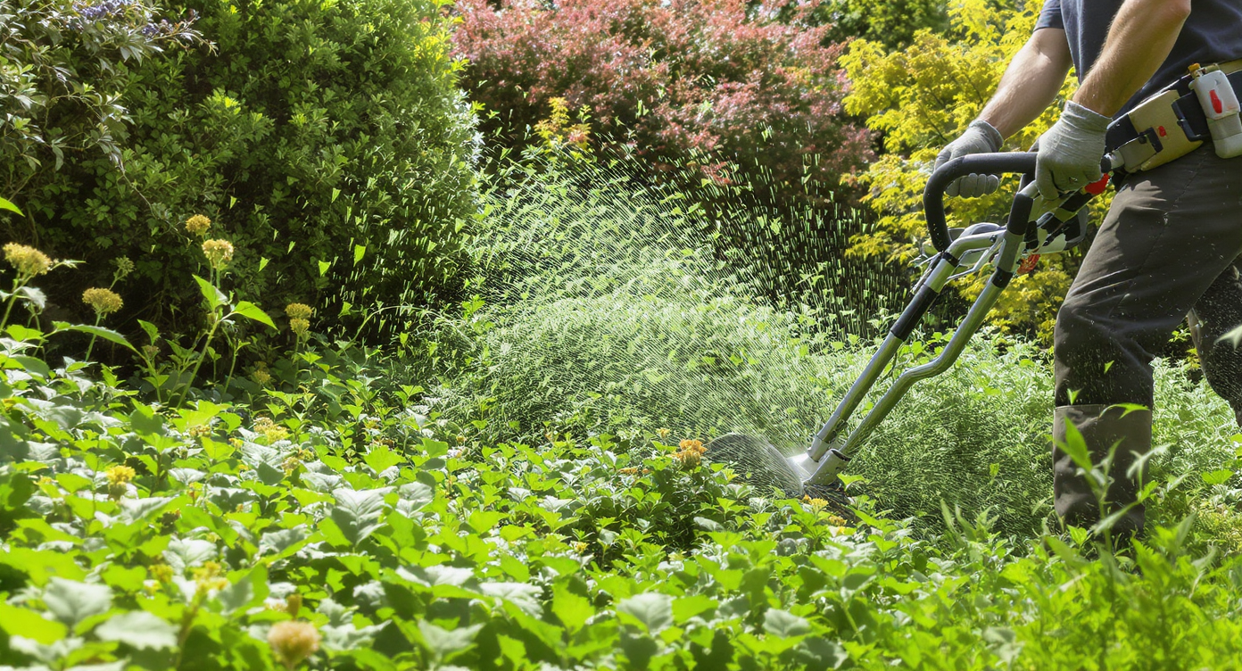 A gardener using a brush cutter in a backyard, actively managing dense undergrowth with vibrant vegetation around.