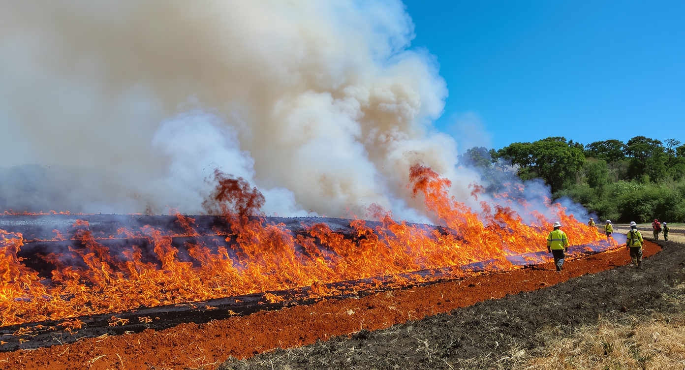 A controlled burn in a natural area, demonstrating the traditional land-clearing technique with flames and smoke.
