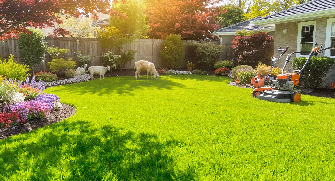 A landscaped yard with goats grazing among vibrant greenery, showcasing outdoor cleanup strategies with mechanical tools in the background.