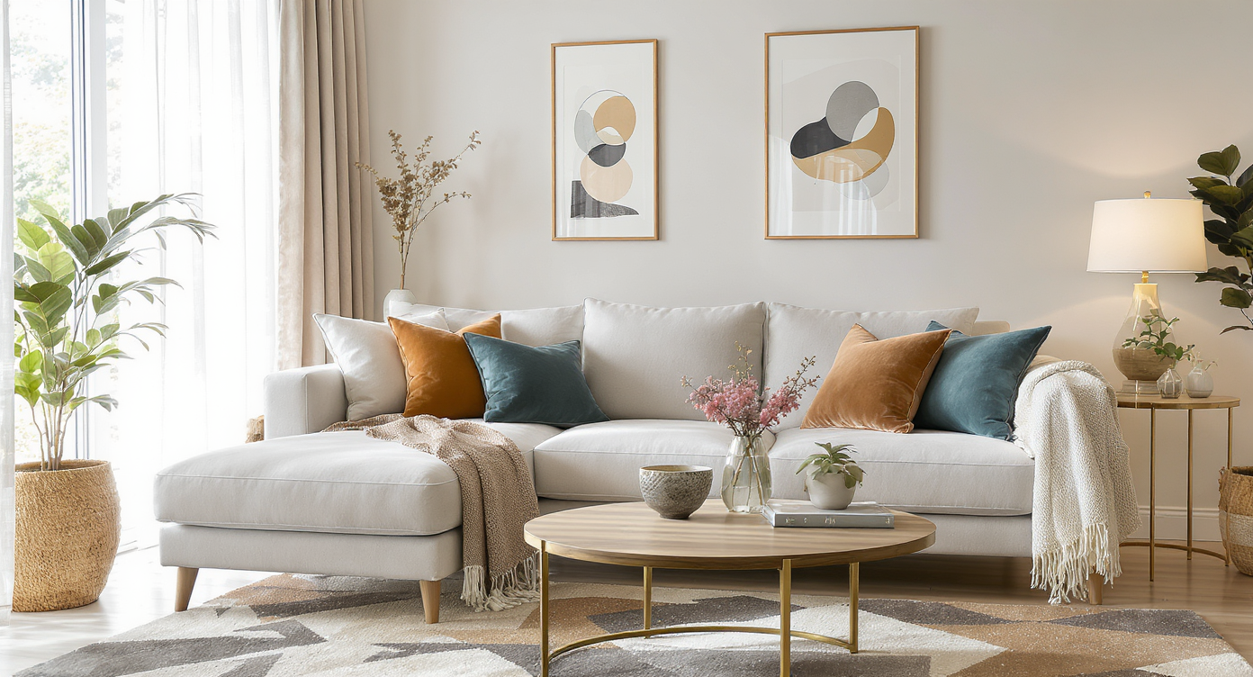 Cozy and stylish living room with a modern sofa, coffee table, and natural light from large windows.