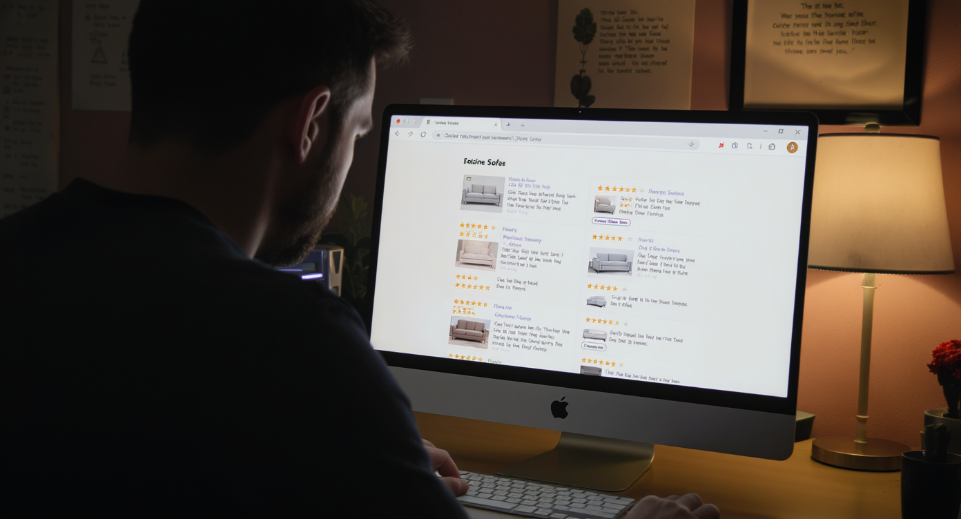 Person reading online reviews about sofas on a computer, emphasizing research before buying.
