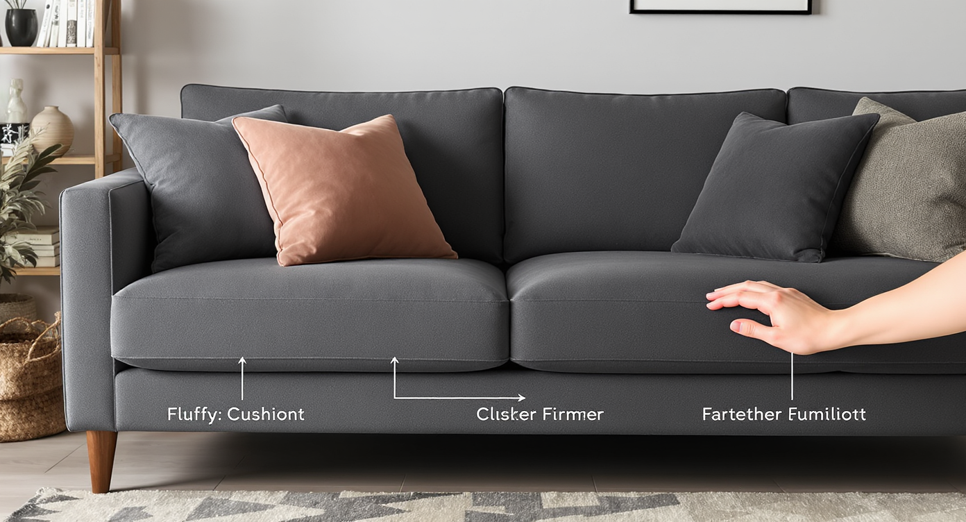 Various cushion fillings on a sofa, showcasing different comfort levels in a well-designed living room.