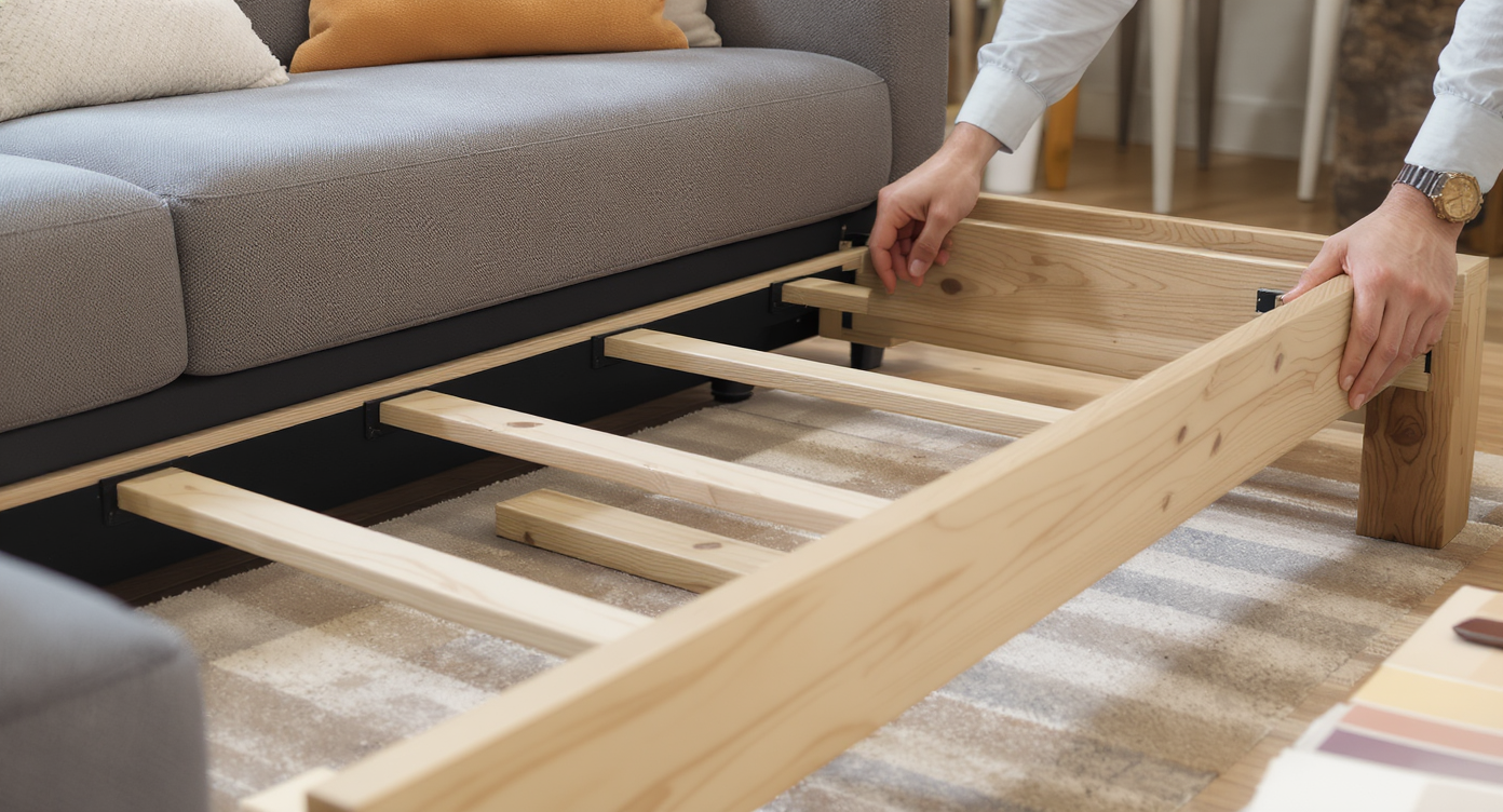Close-up of sturdy sofa frame construction inspected by a design-savvy buyer, illustrating quality importance.