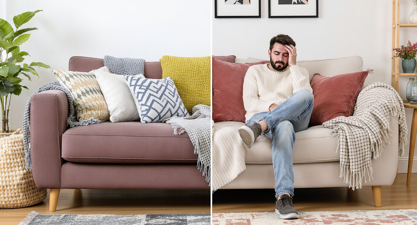 Trendy sofa with a person looking uncomfortable, highlighting the sacrifice of comfort for style.