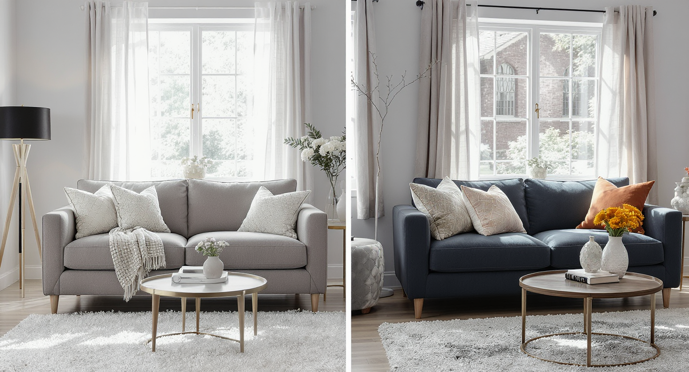 Side-by-side comparison of a well-matched sofa and an out-of-place design in a living room setting.