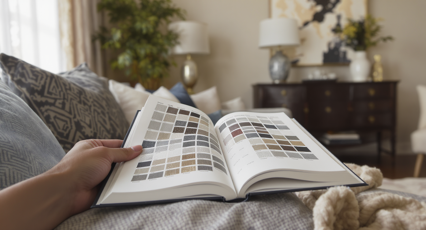 Close-up of a fabric swatch book on a stylish sofa arm in a well-decorated living room.