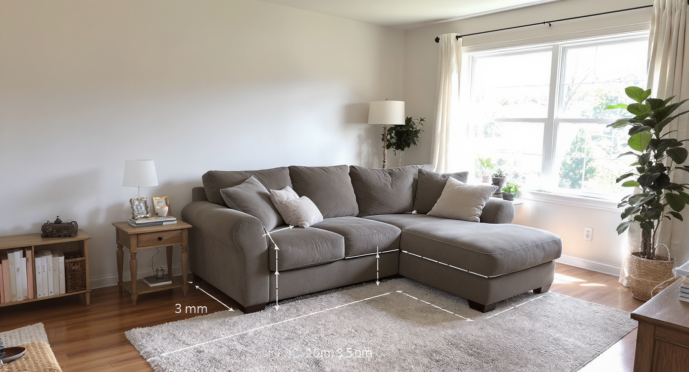 Oversized sofa in a cramped living room, illustrating the impact of ignoring room dimensions.