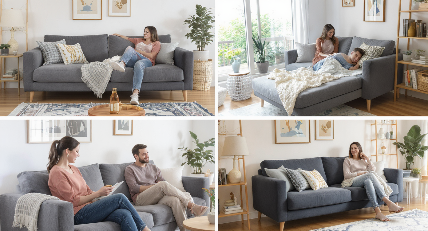 A multifunctional sofa in a lively living room setting, demonstrating its adaptability for lounging and entertaining.