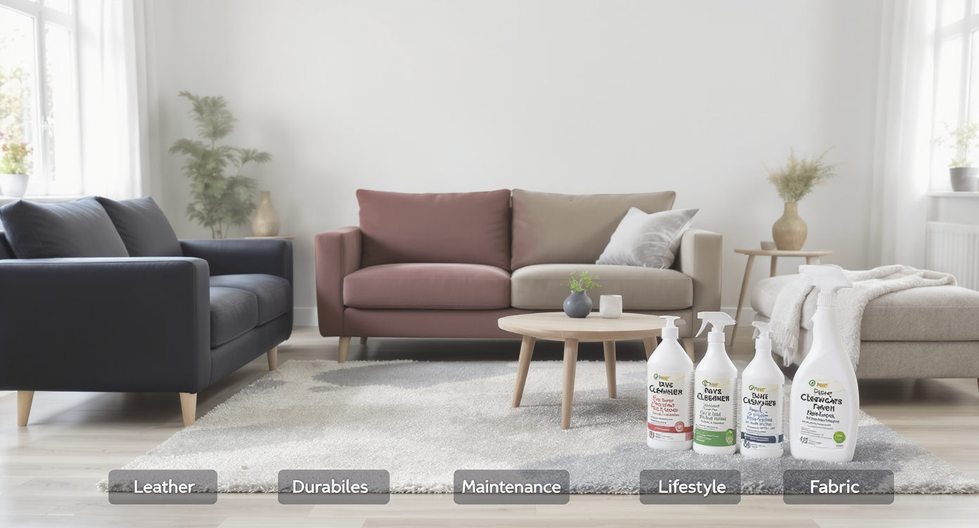 Showcase of various sofa materials including leather, velvet, and fabric, emphasizing maintenance considerations.