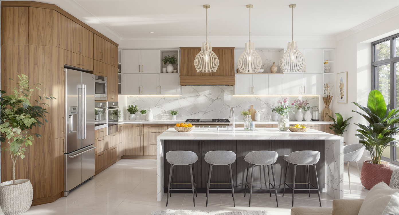 A modern kitchen showcasing a spacious layout with high-end appliances and natural light.