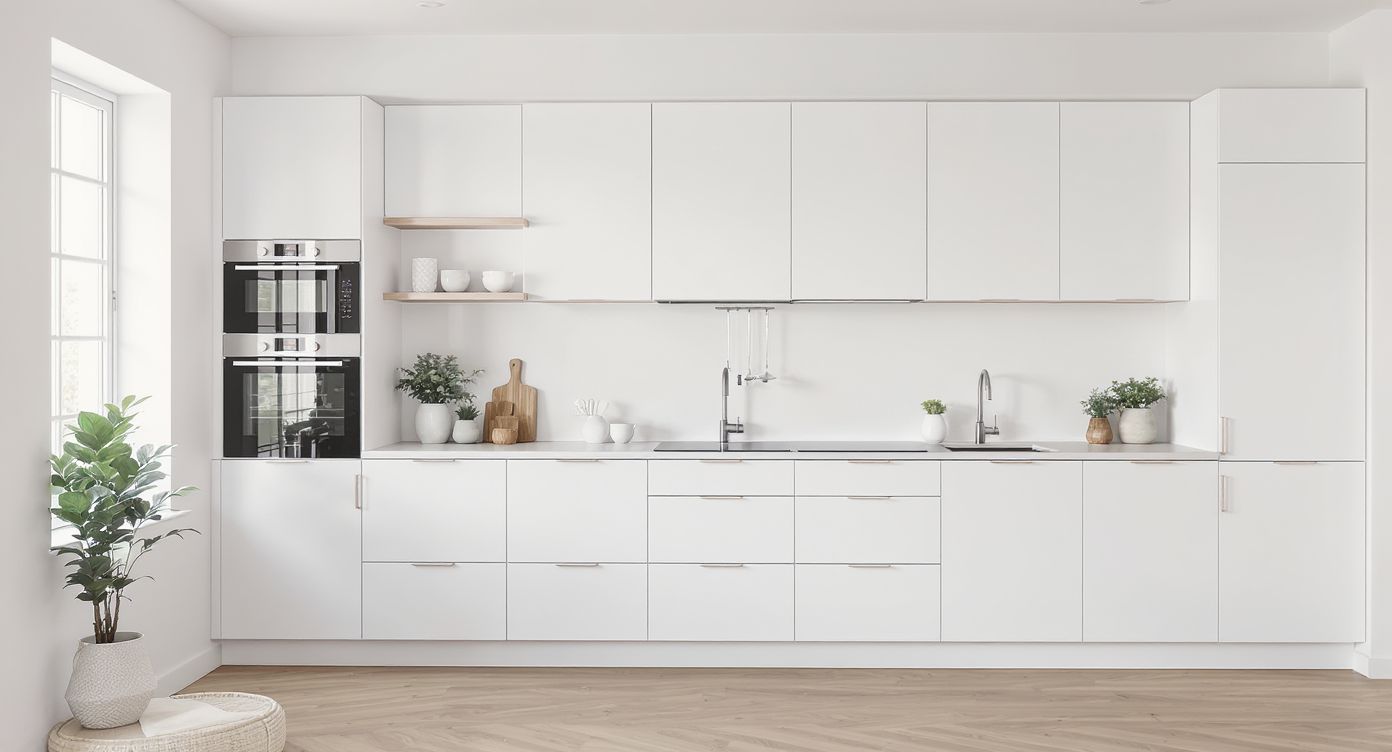 A minimalist one-wall kitchen layout featuring sleek cabinets and natural light.
