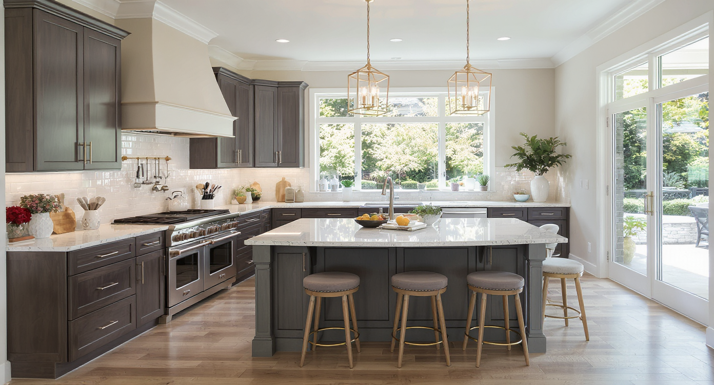 An L-shaped kitchen layout showcasing an elegant design with natural light and modern fixtures.
