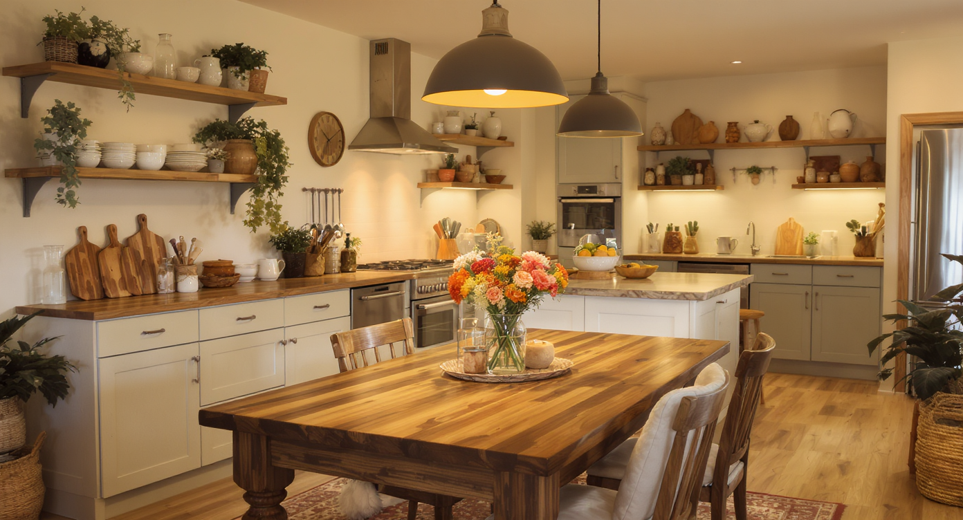 A cozy kitchen scene with a wooden dining table, fresh flowers, and homey decor.