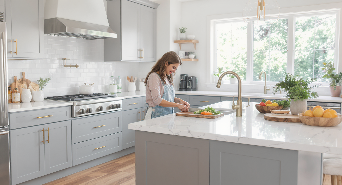 A woman chopping vegetables at an ergonomic kitchen countertop, in a modern kitchen with natural lighting.
