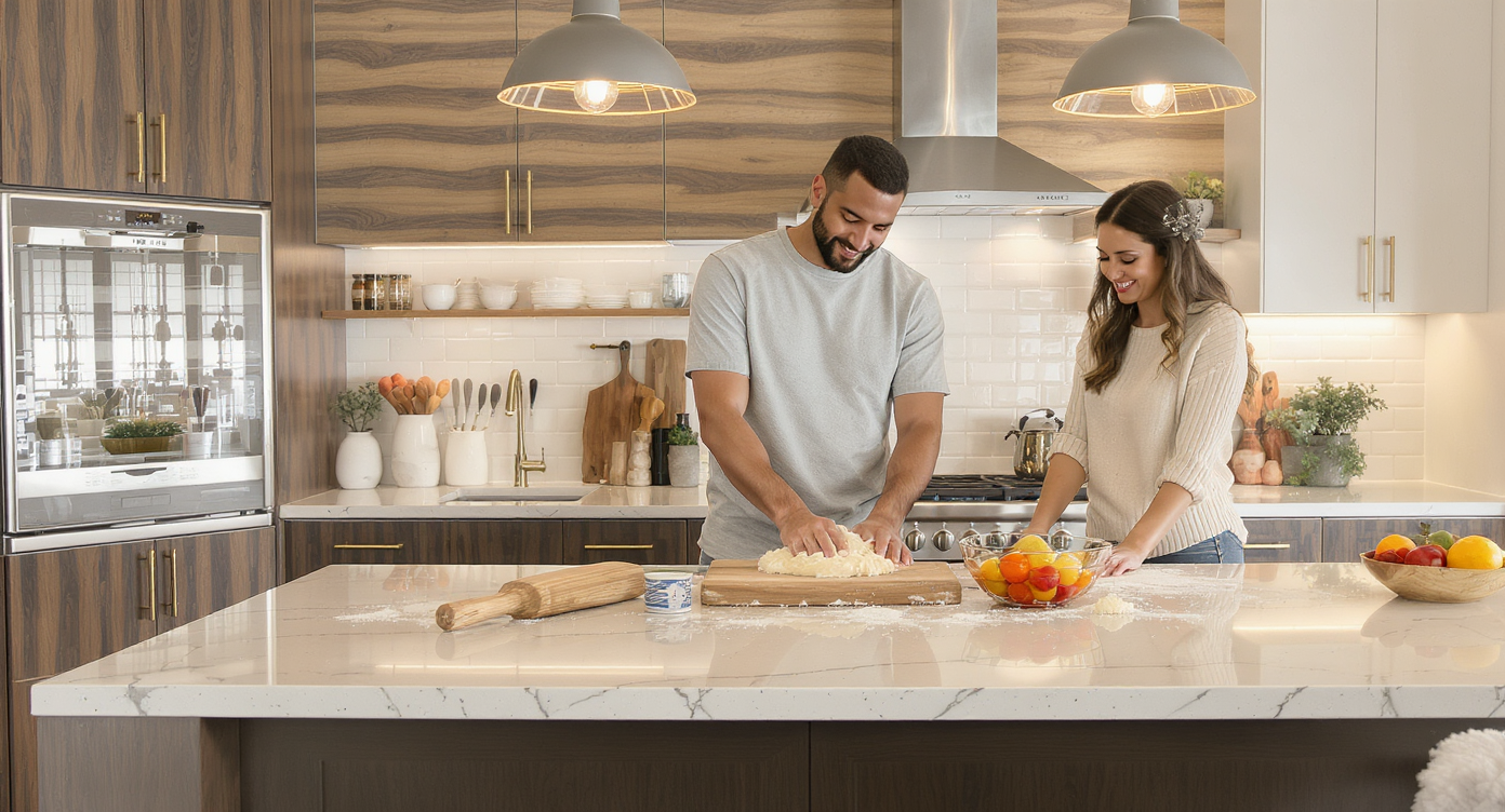 A couple working in a kitchen with varying countertop heights, highlighting ergonomic design for comfort.