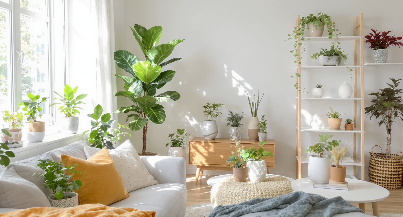 Living room corner filled with a variety of green plants bringing vibrancy and life to the decor.