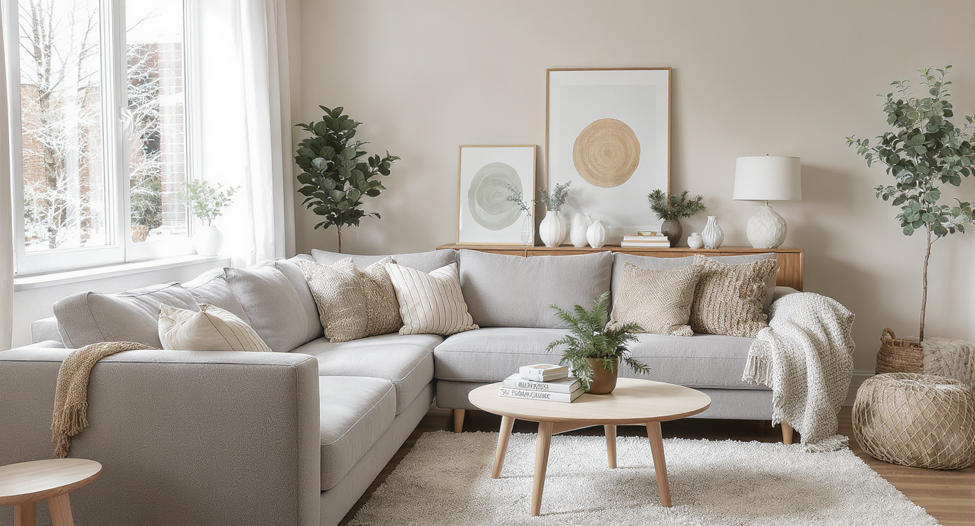 A cozy modern living room filled with natural light, featuring a grey couch, coffee table, and warm decor elements.
