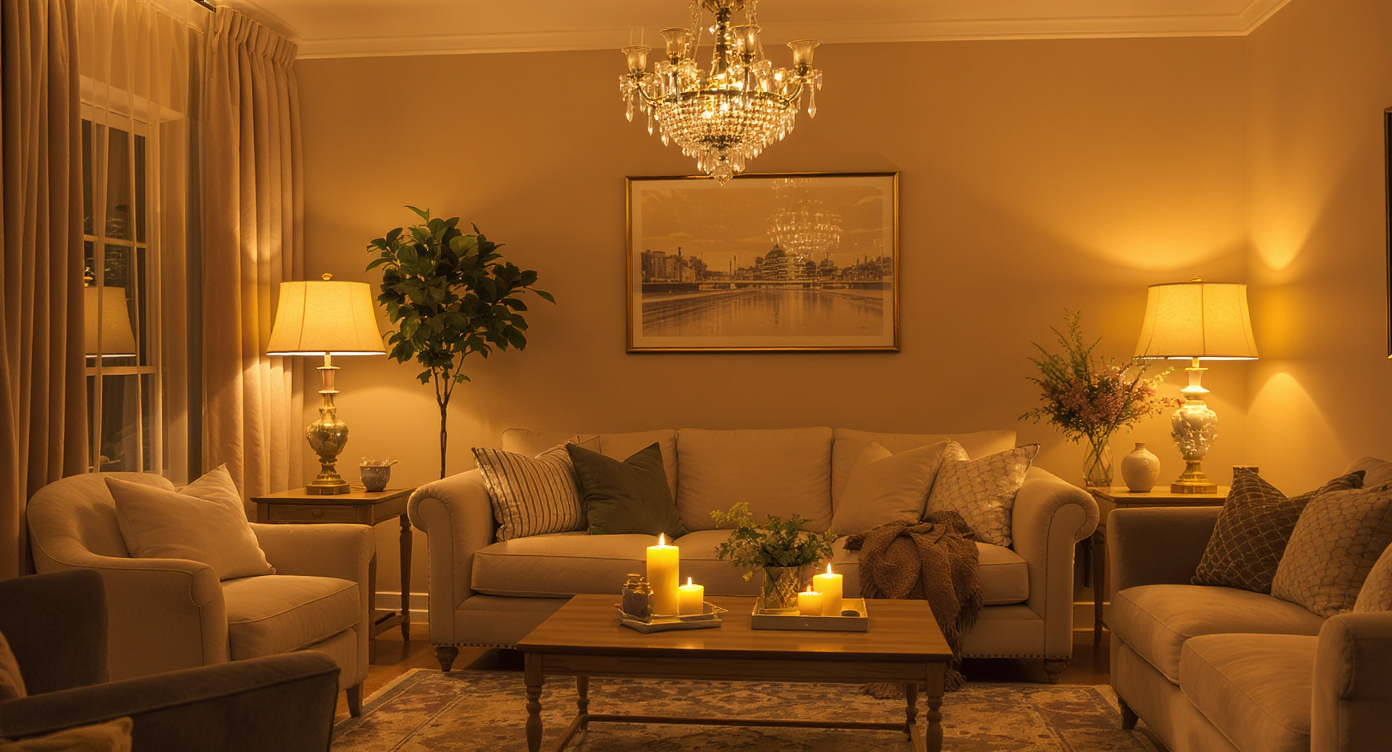 Cozy living room with layered lighting from various fixtures, creating a warm and inviting atmosphere.
