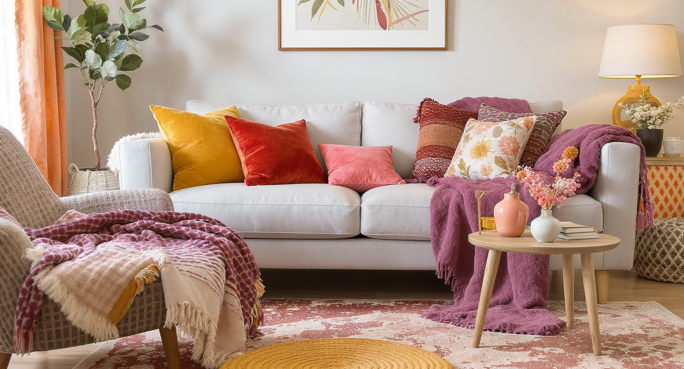 Living room with colorful soft furnishings, including pillows and a throw, adding vibrancy to the space.