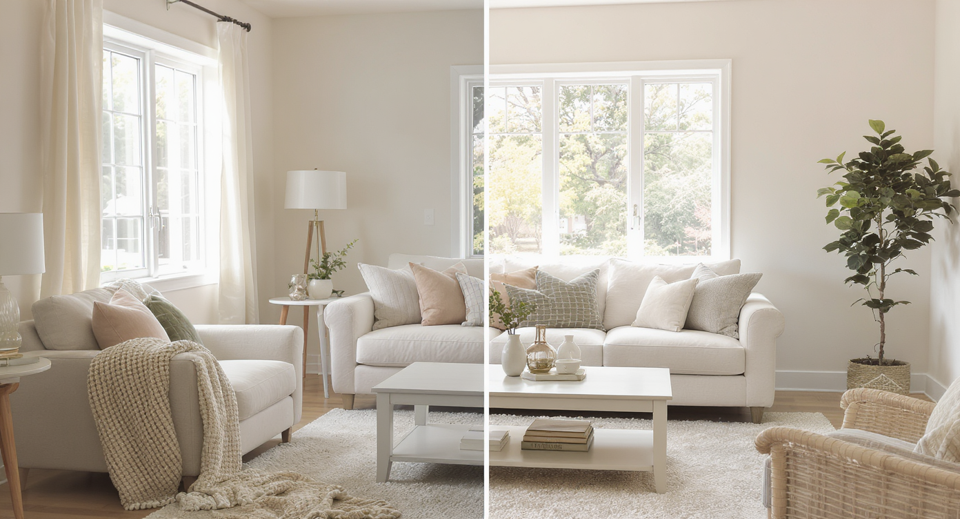 A bright living room with large windows, featuring neutral decor and a few decorative accents for warmth.