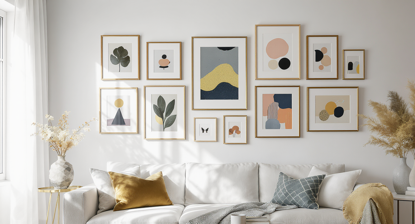 Stylish gallery wall with curated art pieces adding personality and flair to the living room decor.