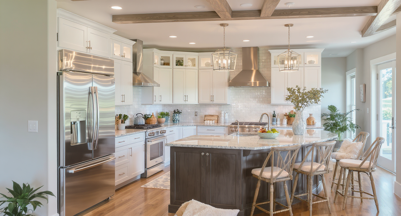 An open-concept kitchen with sleek appliances and a welcoming design, illuminated by soft pendant lighting.