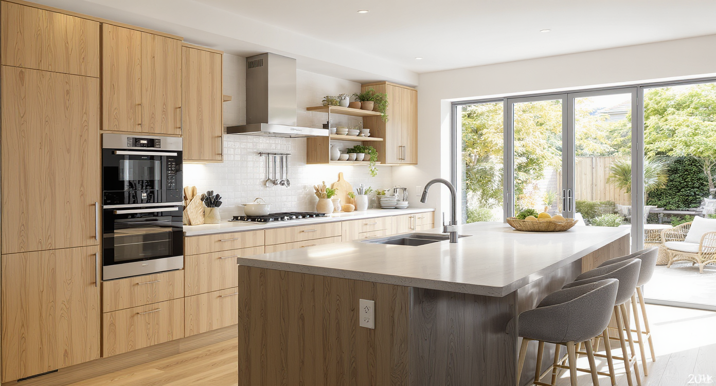 A visualization of a stunning 2026 kitchen featuring open spaces, smart appliances, and elegant design.