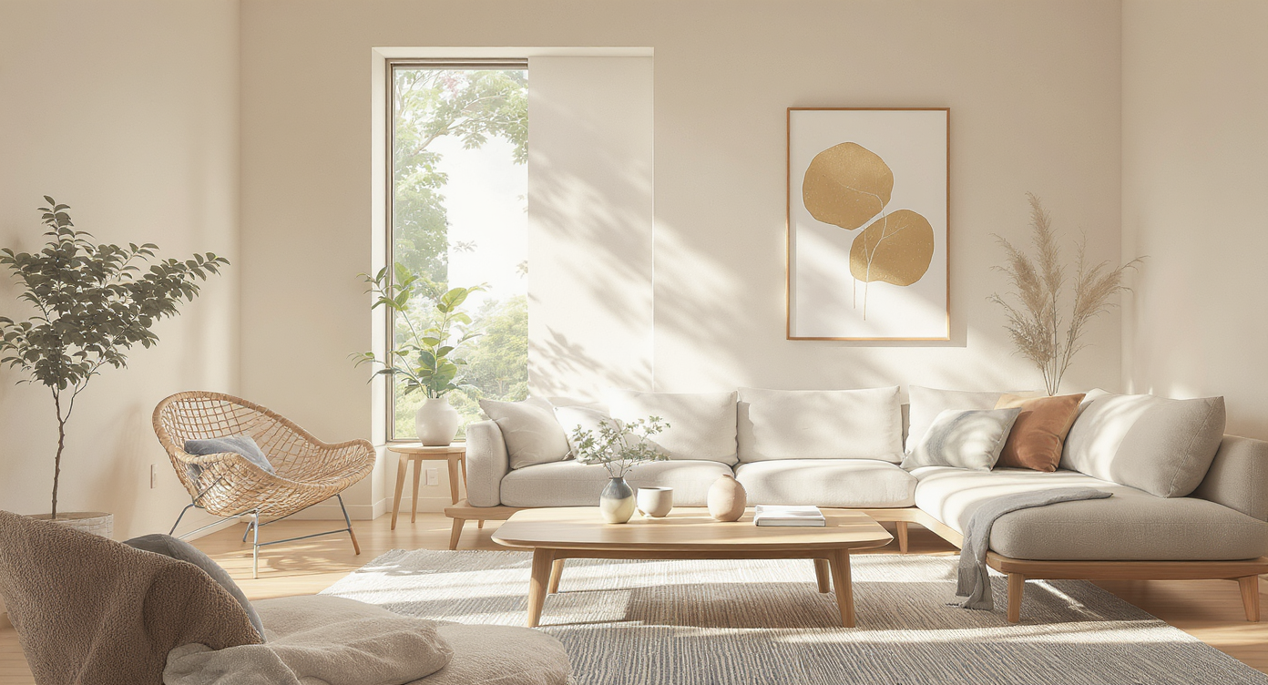 A contemporary living room showcasing Japandi style with a light oak coffee table and natural greenery.