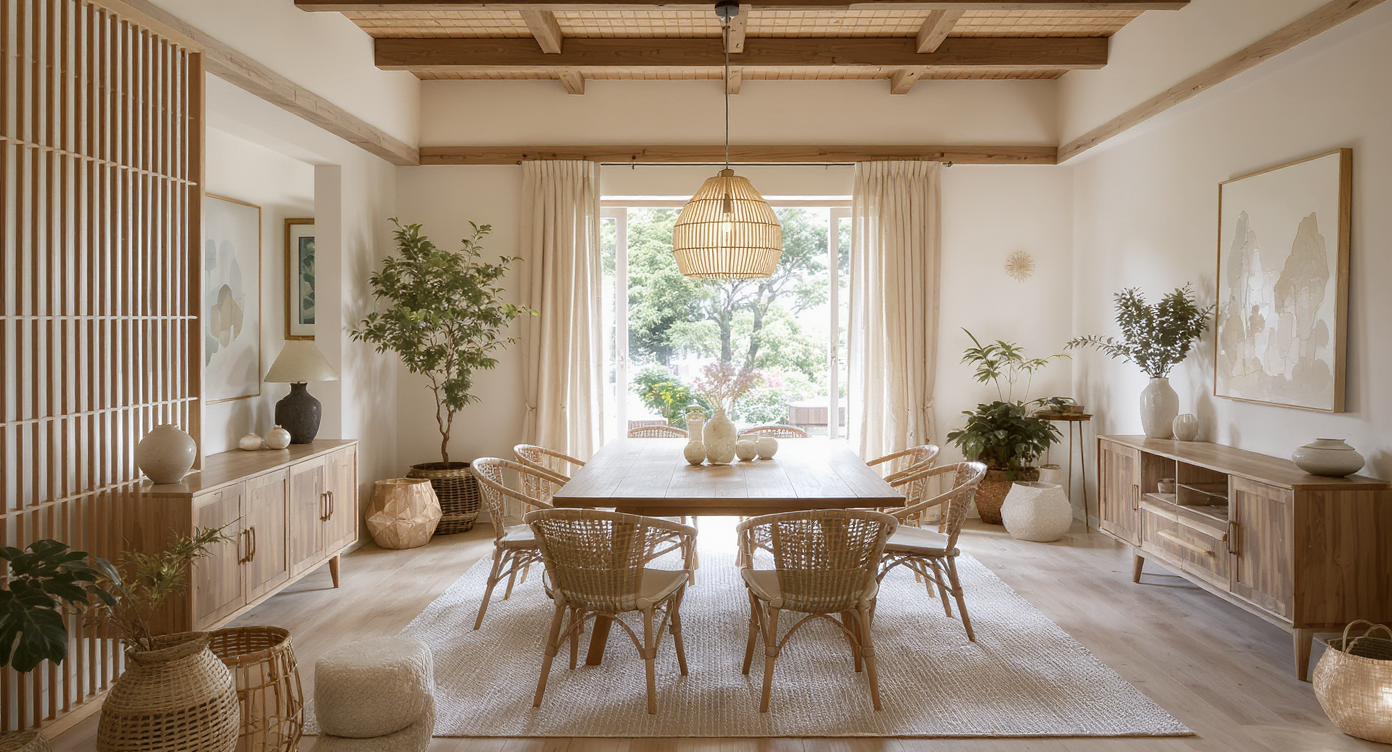 An elegant dining area blending Japanese and Scandinavian design elements with natural materials.
