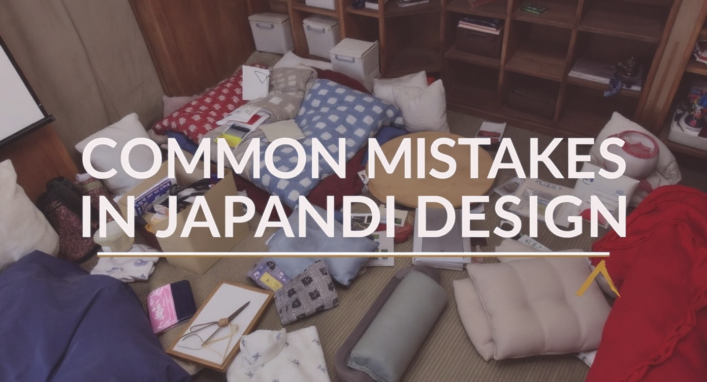 A cluttered interior that highlights common mistakes in Japandi design, such as over-styling and mixed materials.
