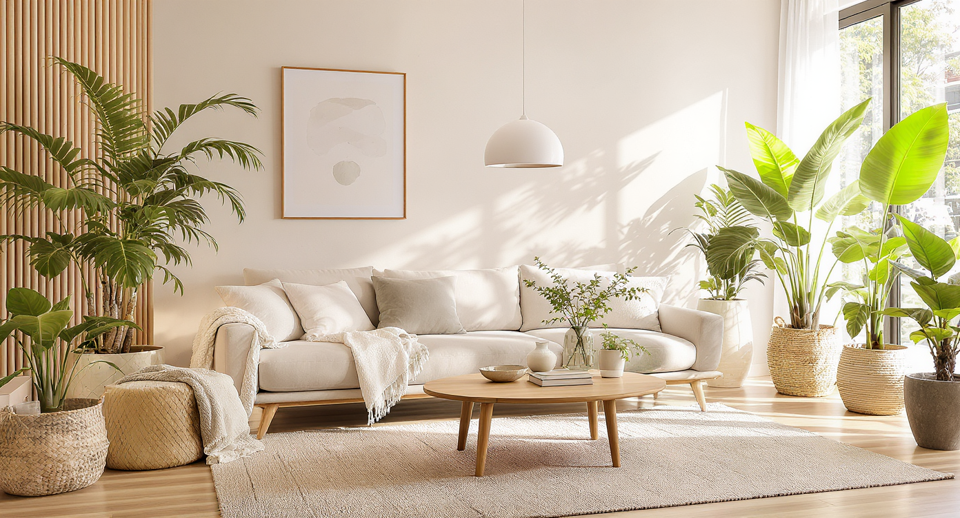 An inviting interior showing a balance of Japanese and Scandinavian design features in a living room.