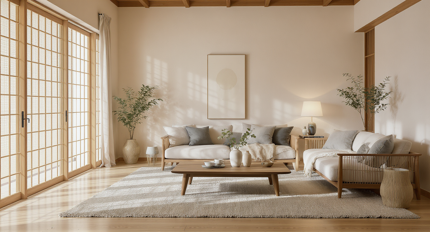 A serene Japandi-style living room with minimalist decor, wooden elements, and natural light.