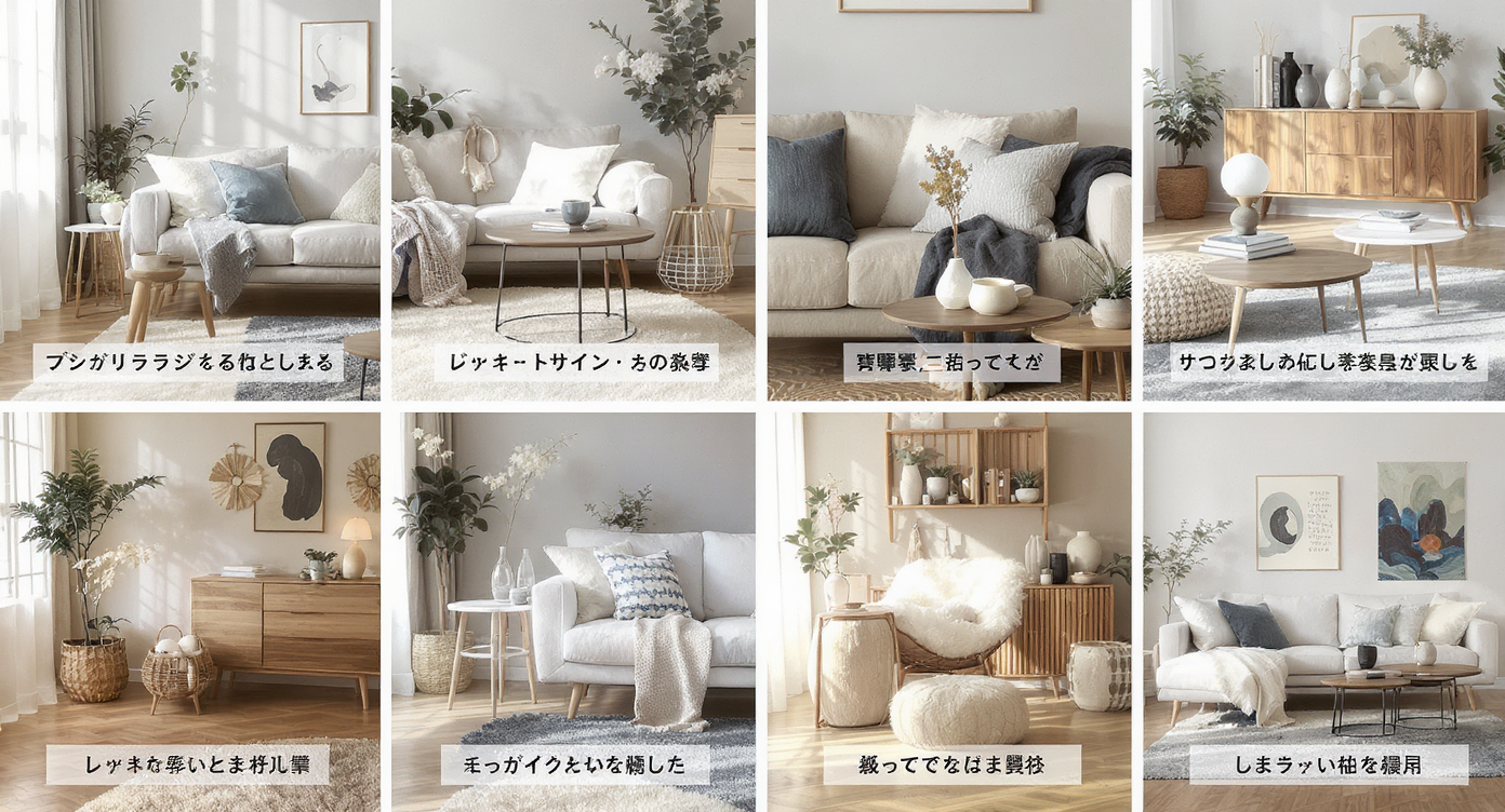 A modern living room featuring strategic Japandi design tips like minimal furniture and plant decor.