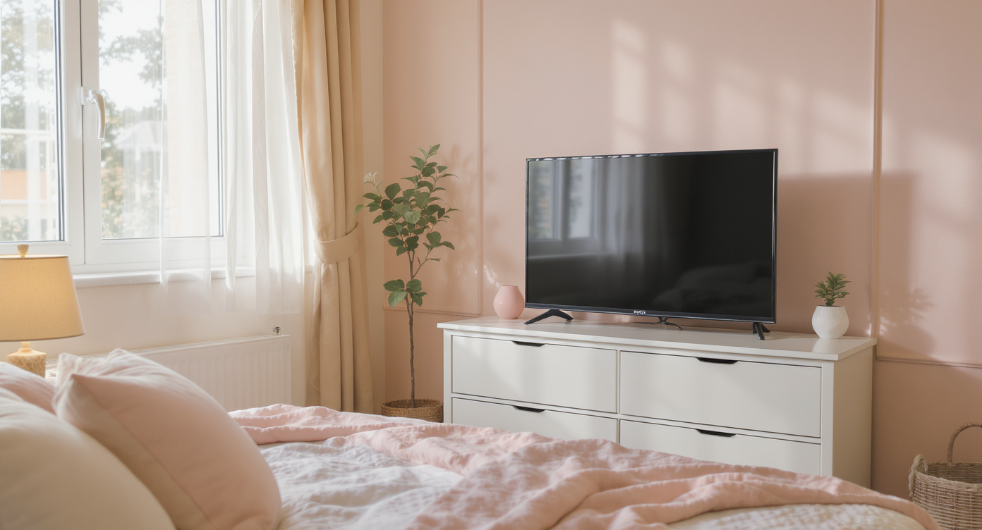 A cozy bedroom with a 32-inch TV on a dresser, soft colors, warm lighting, and a comfortable bed.