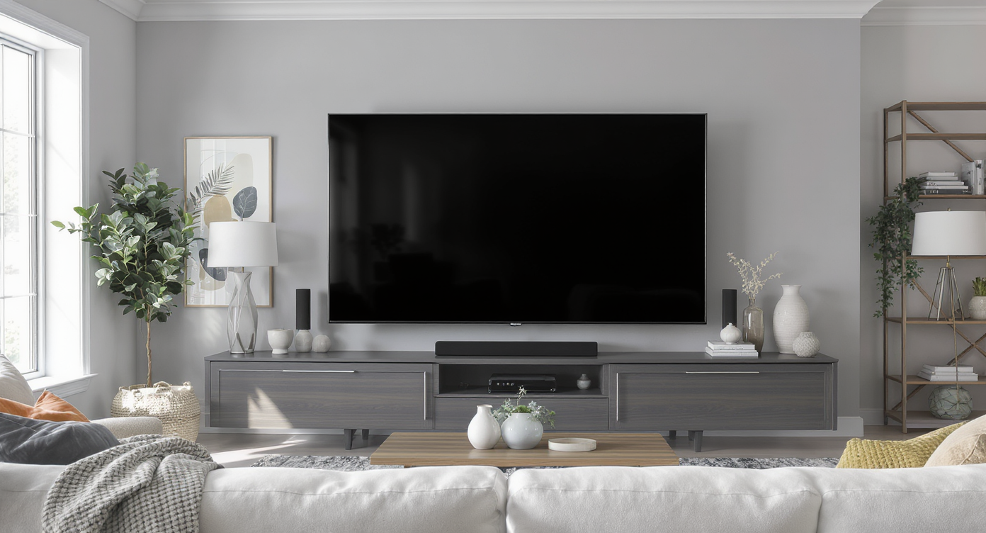 A modern living room with a large TV, bright natural light, and stylish decor including a white sofa and colorful pillows.