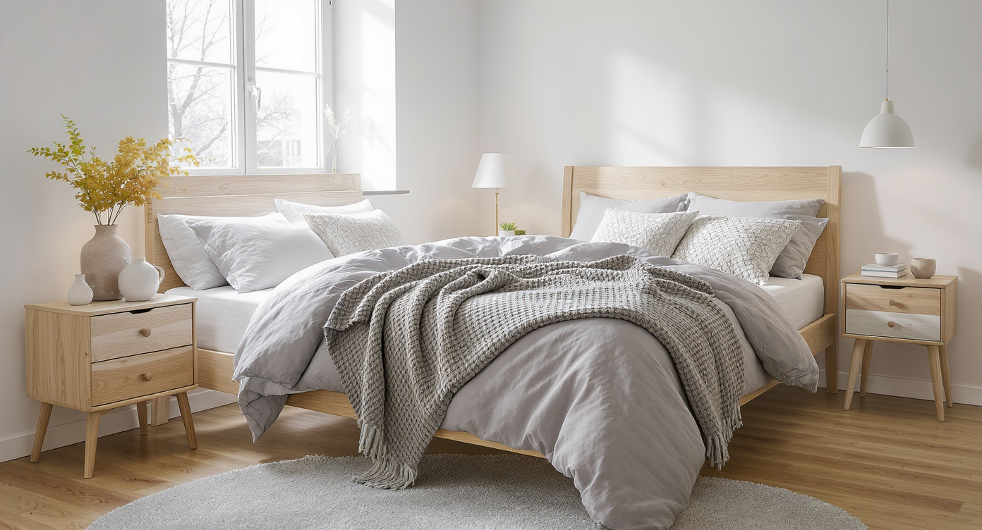 Cozy Scandinavian bedroom with a queen bed in gray linens, wooden floors, and natural light from large windows.