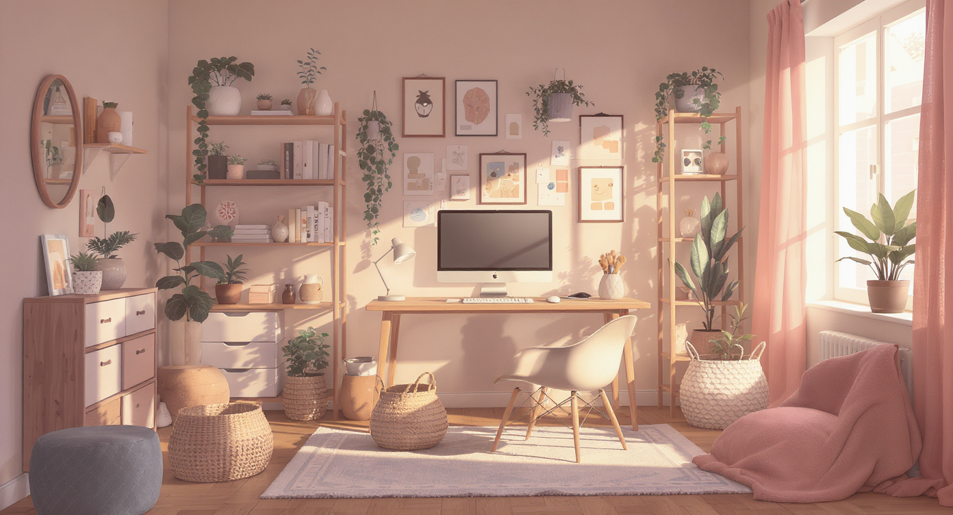 Cozy modern workspace integrating AI in interior design, featuring a minimalist desk and warm lighting.