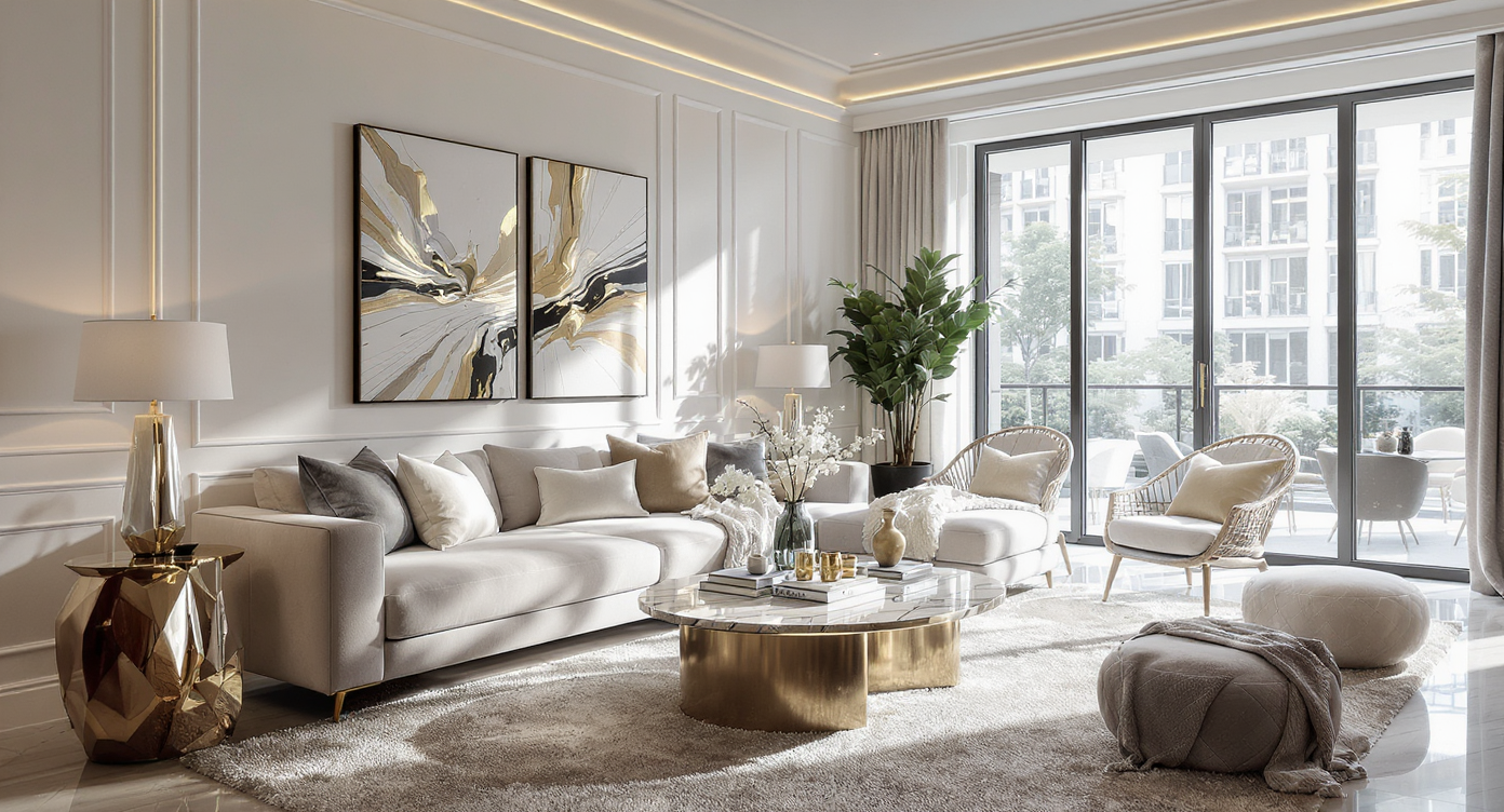 Modern living room with a low-profile sofa, marble coffee table, and large windows allowing natural light.