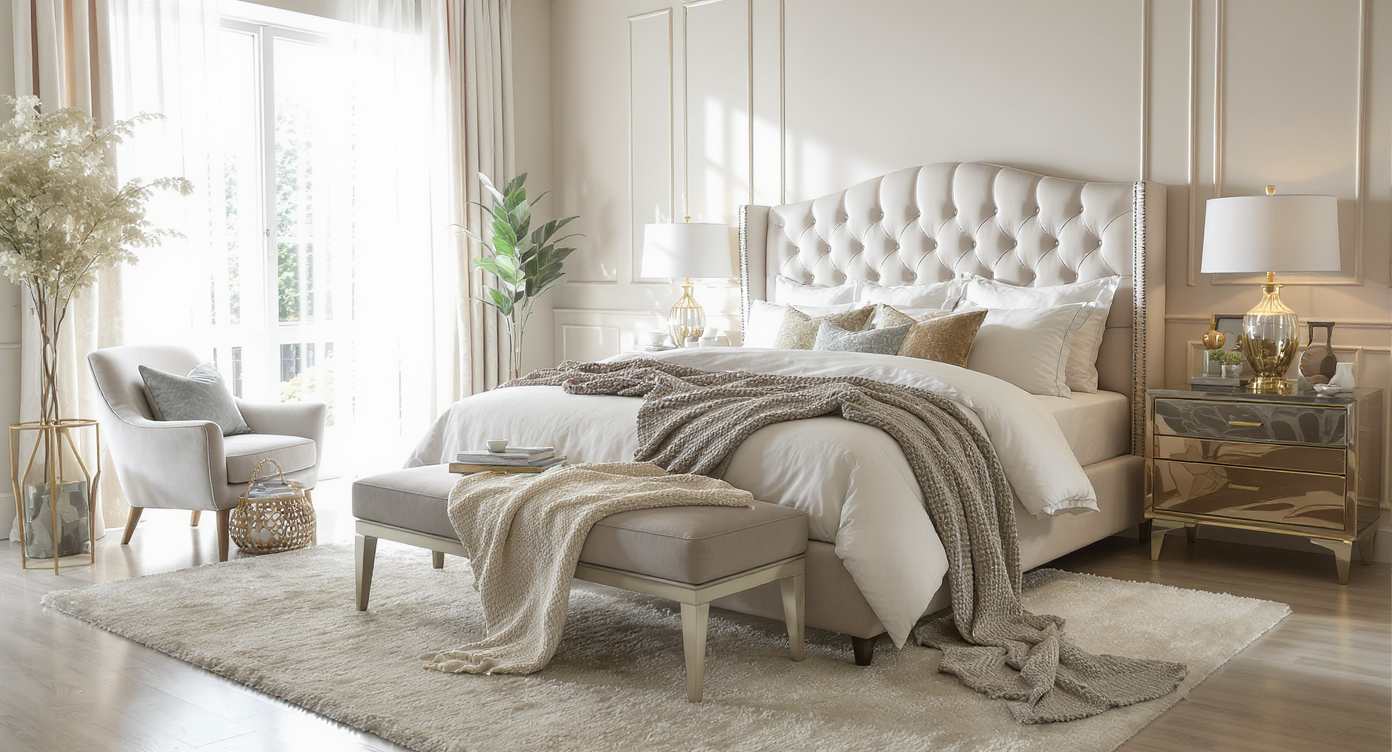 Modern luxe bedroom suite with a channel-tufted king bed, stylish decor, and bright natural light.
