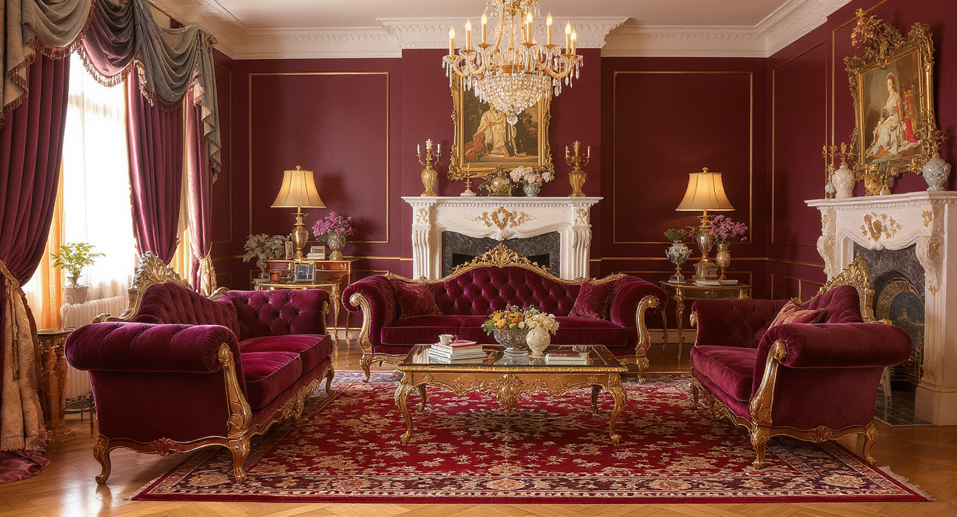 Traditional elegance living room with tufted sofas, antique decor, and a cozy fireplace.