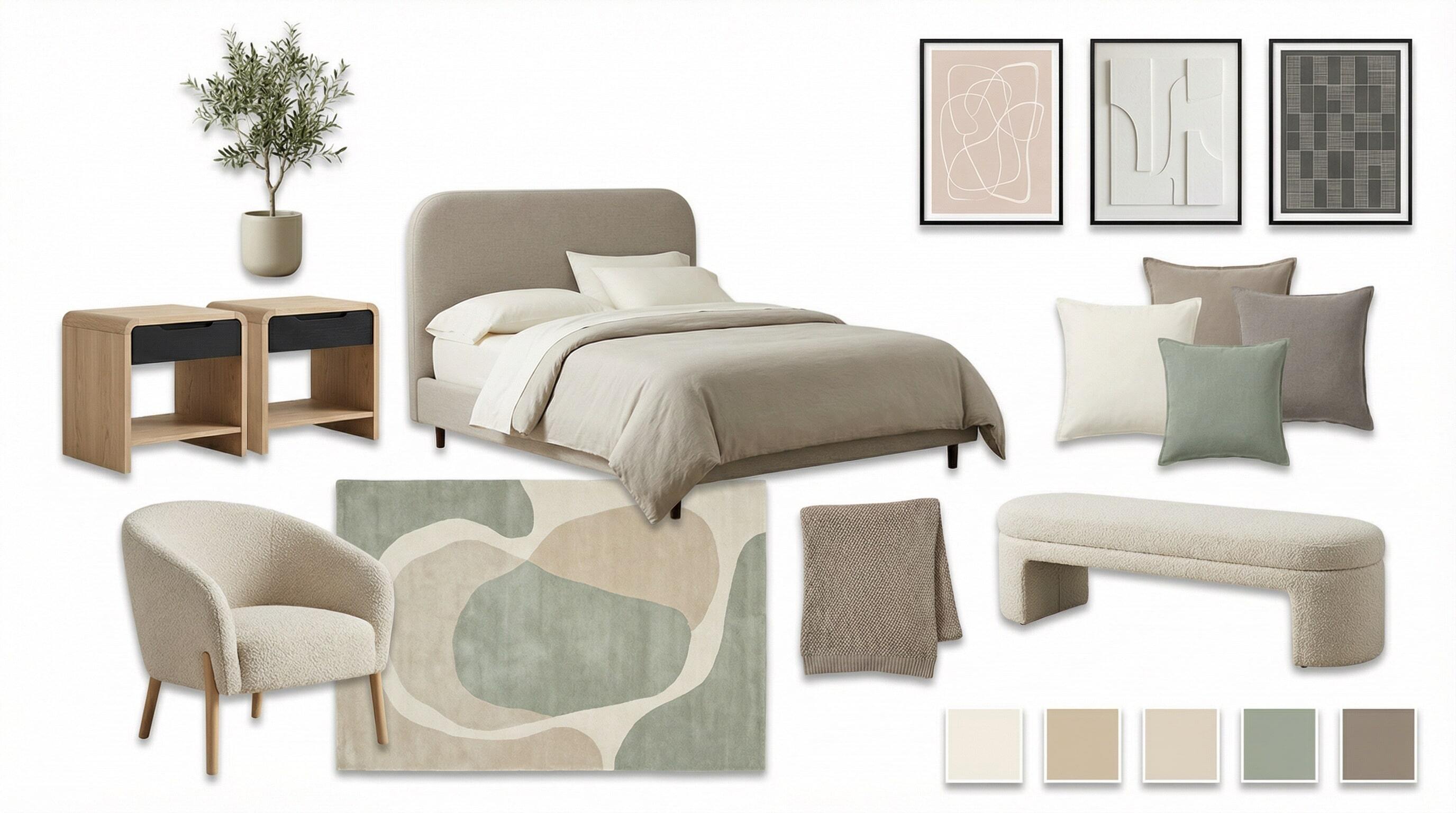 A detailed moodboard with fabric swatches and color palettes, surrounded by a well-decorated room.